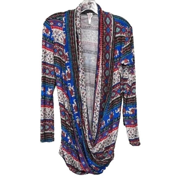 J mode Womens BOHO Open Drape Top XL Blue Pink Mixed Print Reverse Hi Low - Picture 1 of 7